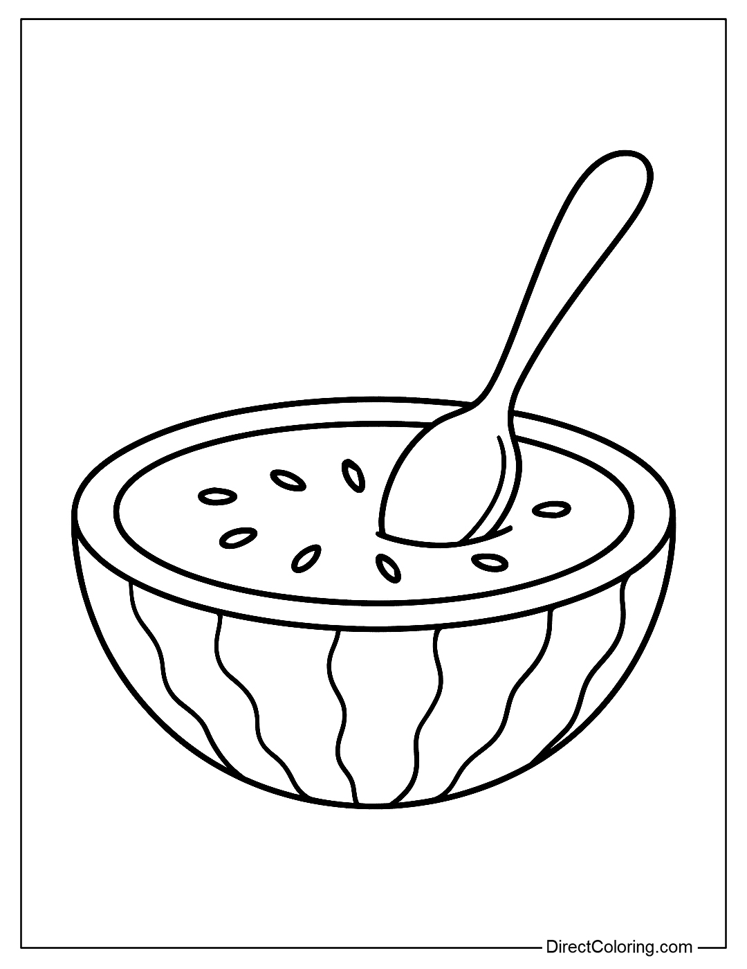 A half watermelon coloring page placed upside down, with a spoon scooped inside.